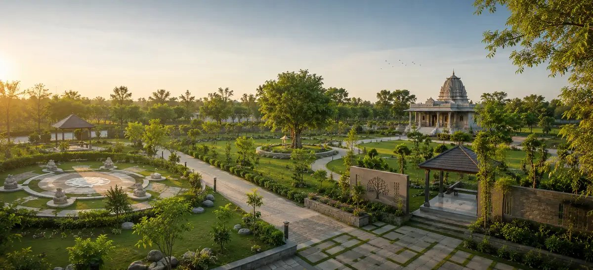Eco-spiritual retreat with landscaped gardens, walking paths, and native greenery designed for sustainable wellness and nature conservation.